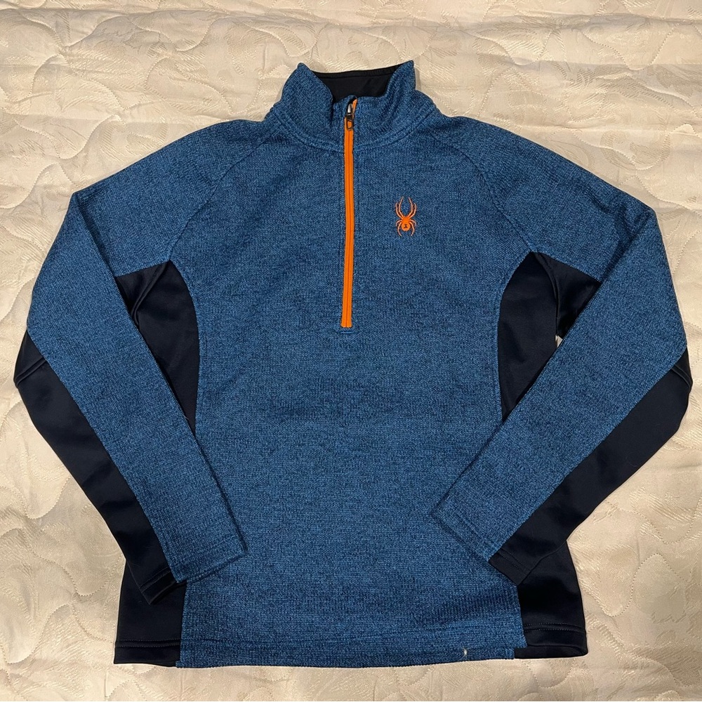 Spyder Blue and Black Quarter Zip Pullover Fleece Jacket with Orange Accents